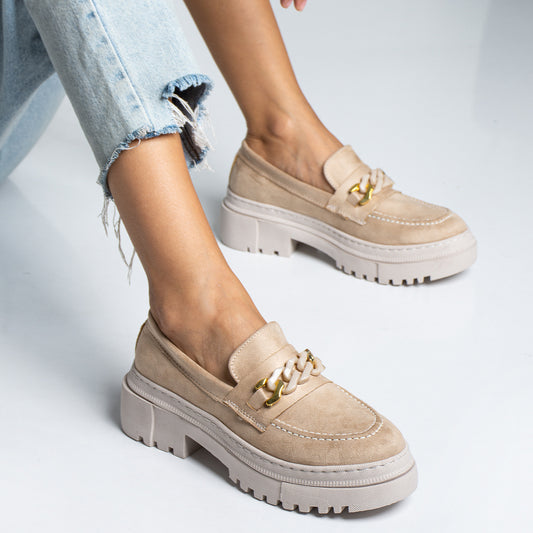 Beige Suede Chain College Women's Shoes