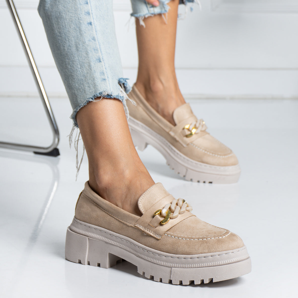 Beige Suede Chain College Women's Shoes