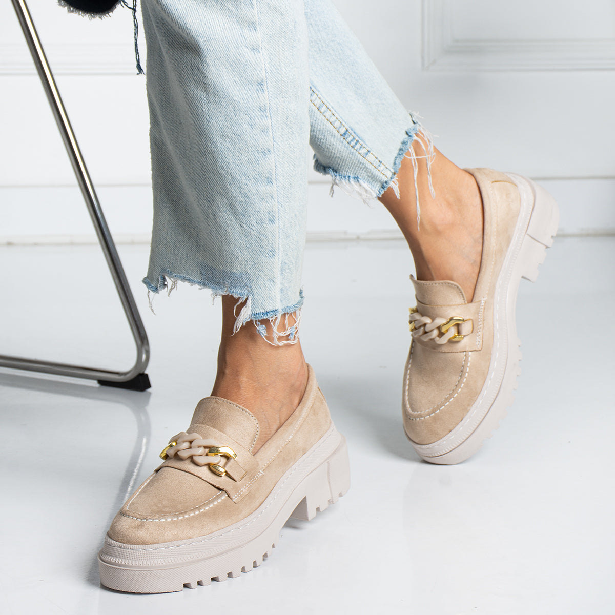 Beige Suede Chain College Women's Shoes