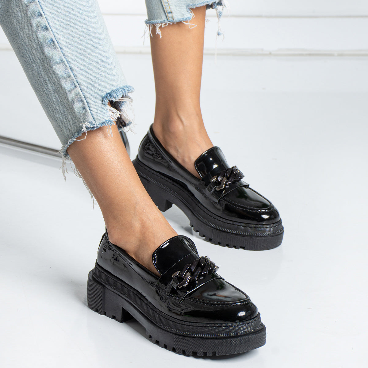 Black Patent Leather Chain College Women's Shoes