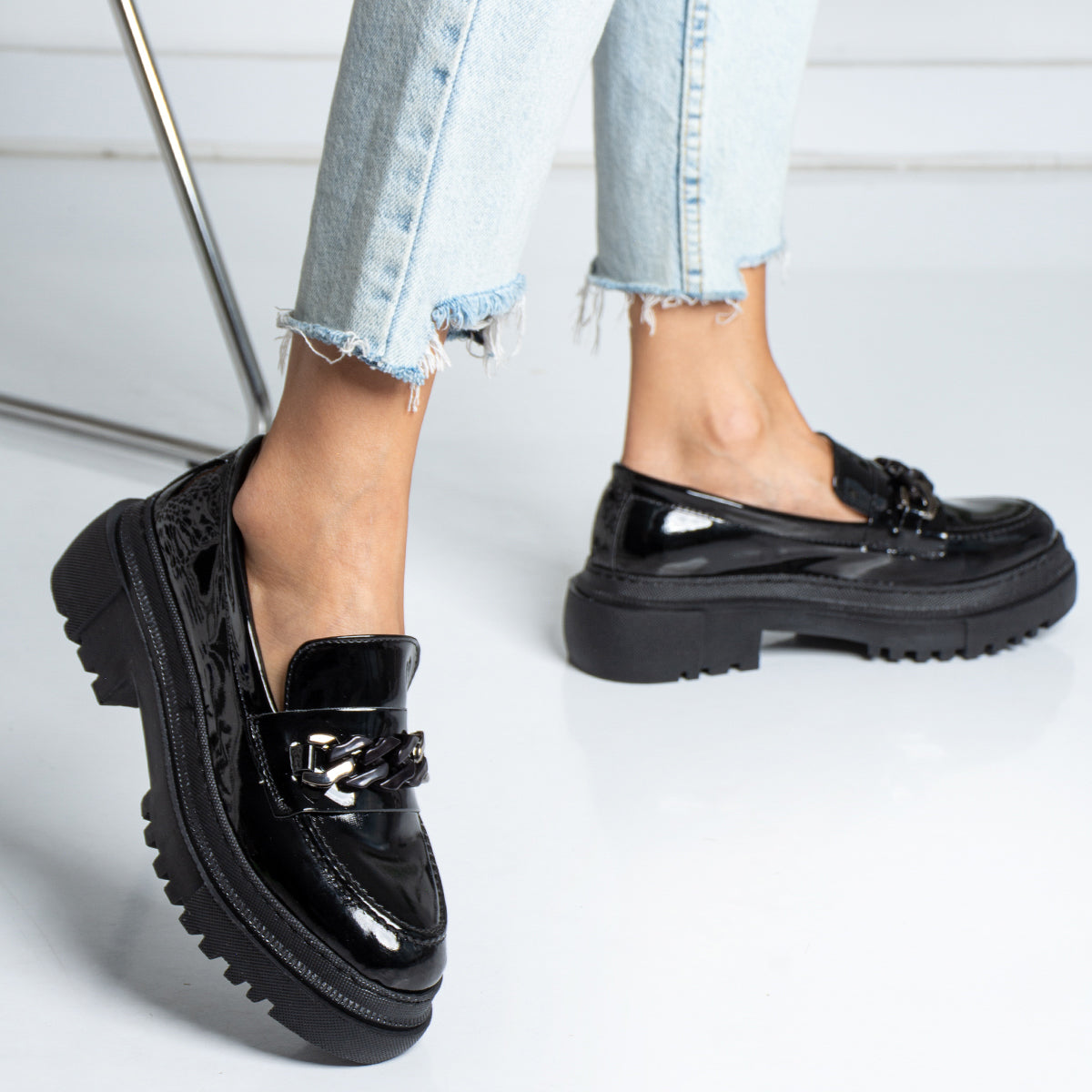 Black Patent Leather Chain College Women's Shoes